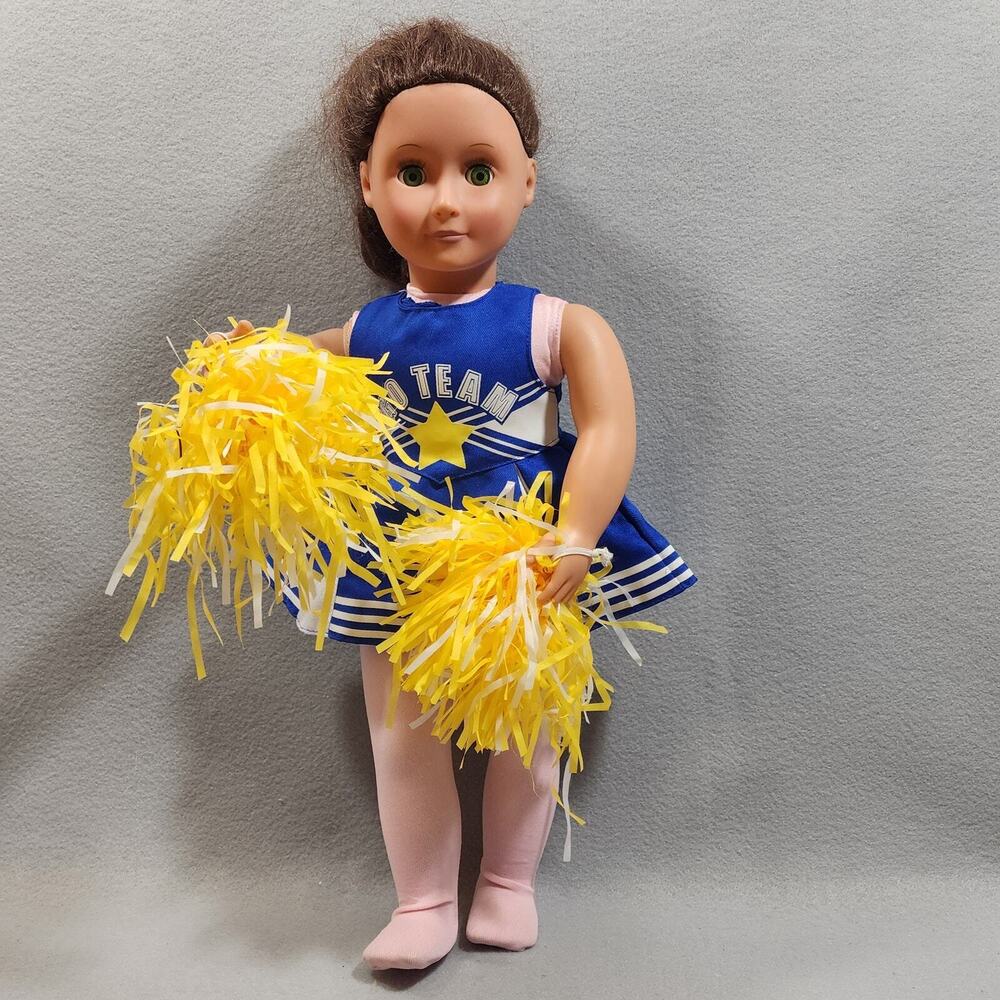 Blue White Yellow Cheerleader Outfit Doll Clothes & Yellow-White Pom-Poms
